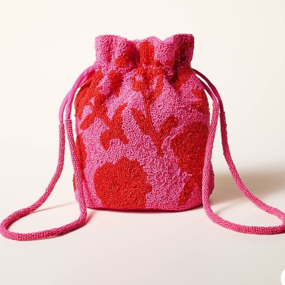 NWT • Kate Spade x Target Beaded Classic Rose Drawstring Pink Red Bucket Bag